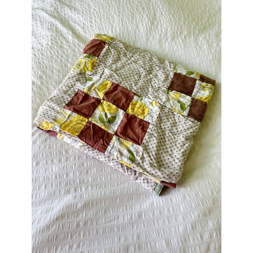 Vintage Quilt Handmade Patchwork Brown Accents 67" X 62"‎ Cotton Silk Blend